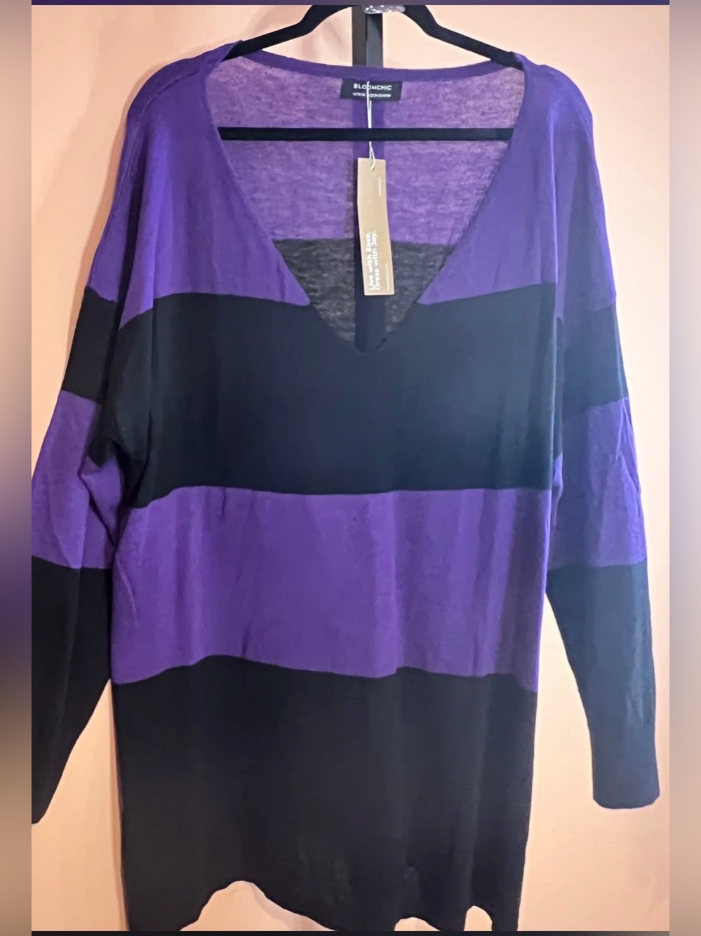 BloomChic Purple and Black V‑Neck Stripe Sweater Tunic